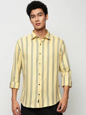 men's long sleeves vertical stripes yellow shirt 2
