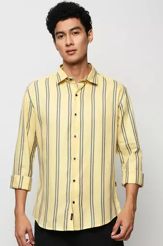 men's long sleeves vertical stripes yellow shirt
