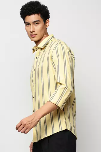 men's long sleeves vertical stripes yellow shirt