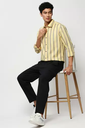 men's long sleeves vertical stripes yellow shirt