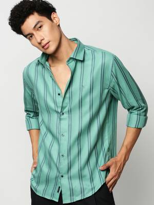 men's long sleeves vertical stripes sea green shirt 1