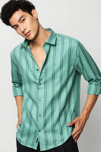 men's long sleeves vertical stripes sea green shirt