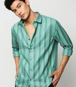 men's long sleeves vertical stripes sea green shirt