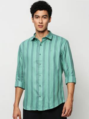 men's long sleeves vertical stripes sea green shirt 2