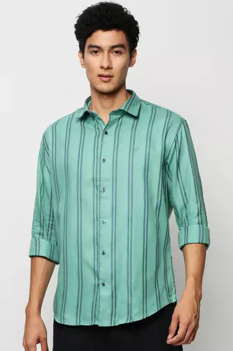 men's long sleeves vertical stripes sea green shirt