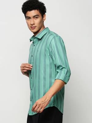 men's long sleeves vertical stripes sea green shirt 3
