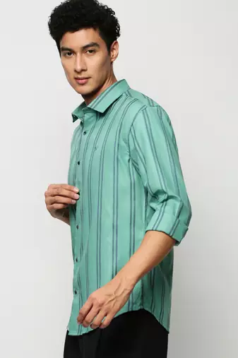 men's long sleeves vertical stripes sea green shirt