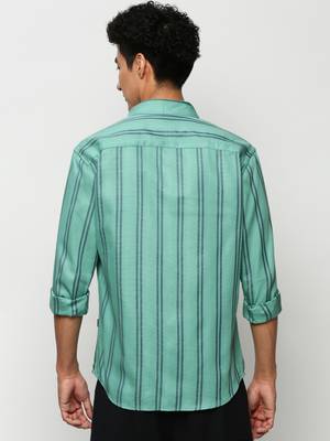 men's long sleeves vertical stripes sea green shirt 4