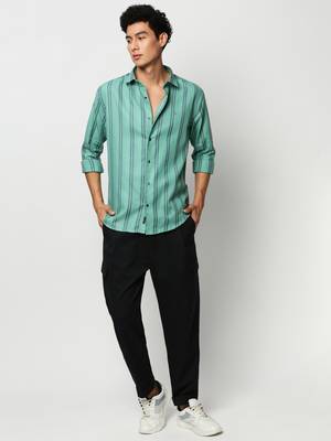men's long sleeves vertical stripes sea green shirt 5