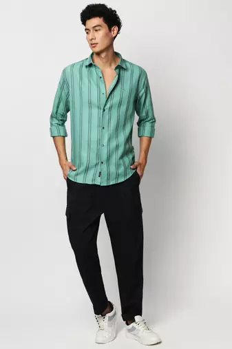 men's long sleeves vertical stripes sea green shirt