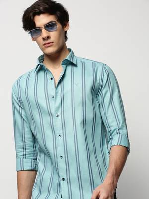 men's long sleeves vertical stripes blue shirt 1