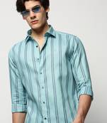 men's long sleeves vertical stripes blue shirt