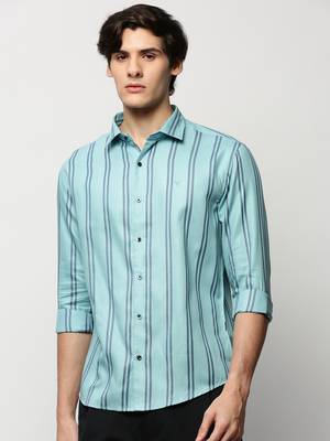 men's long sleeves vertical stripes blue shirt 2