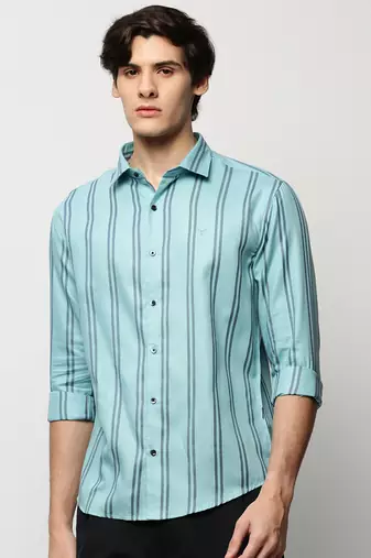men's long sleeves vertical stripes blue shirt