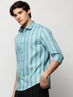 men's long sleeves vertical stripes blue shirt 3