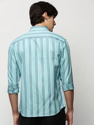 men's long sleeves vertical stripes blue shirt 4