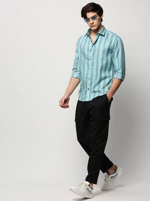 men's long sleeves vertical stripes blue shirt 5