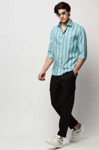 men's long sleeves vertical stripes blue shirt