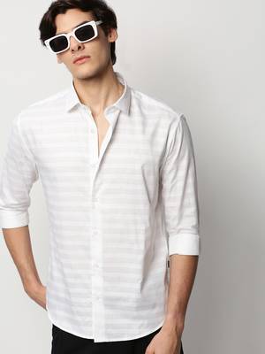 men's long sleeves horizontal stripes white shirt 1
