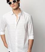 men's long sleeves horizontal stripes white shirt