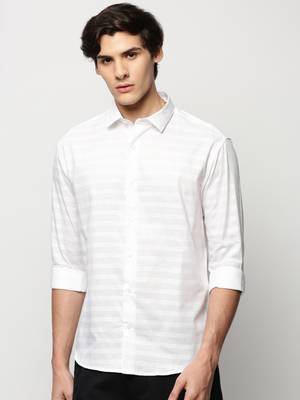 men's long sleeves horizontal stripes white shirt 2