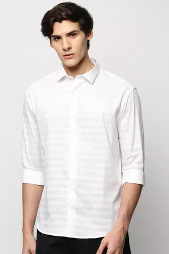 men's long sleeves horizontal stripes white shirt