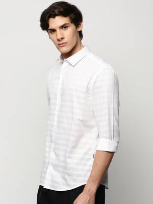 men's long sleeves horizontal stripes white shirt 3