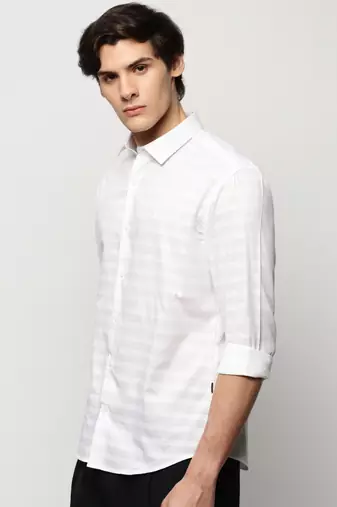 men's long sleeves horizontal stripes white shirt