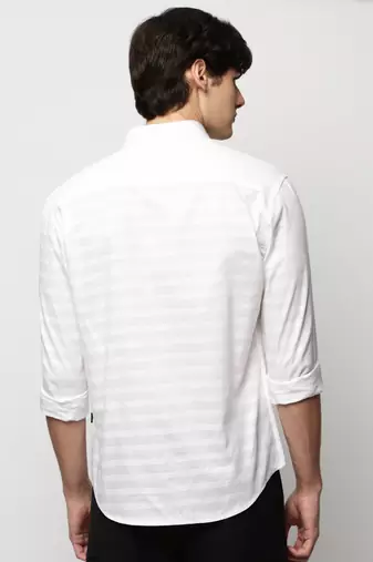 men's long sleeves horizontal stripes white shirt