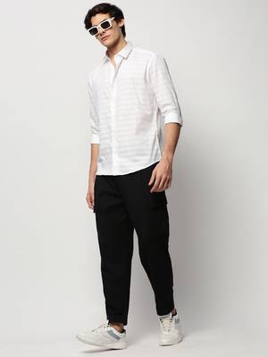 men's long sleeves horizontal stripes white shirt 5