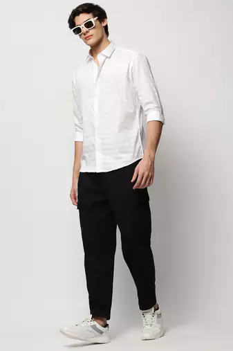 men's long sleeves horizontal stripes white shirt