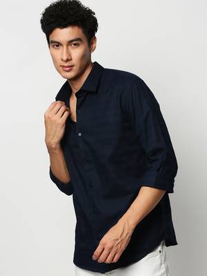 men's long sleeves horizontal stripes navy blue shirt 1