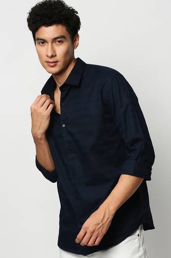 men's long sleeves horizontal stripes navy blue shirt