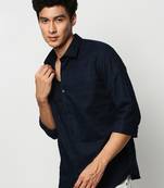 men's long sleeves horizontal stripes navy blue shirt