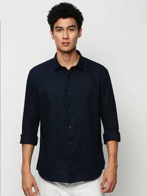 men's long sleeves horizontal stripes navy blue shirt 2
