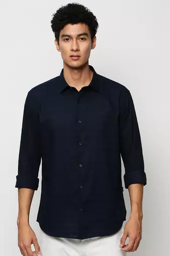 men's long sleeves horizontal stripes navy blue shirt