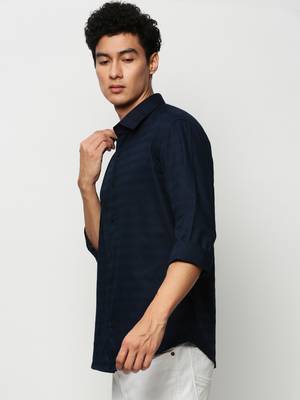 men's long sleeves horizontal stripes navy blue shirt 3