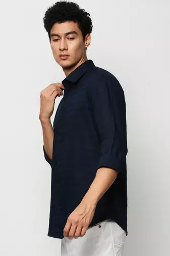 men's long sleeves horizontal stripes navy blue shirt