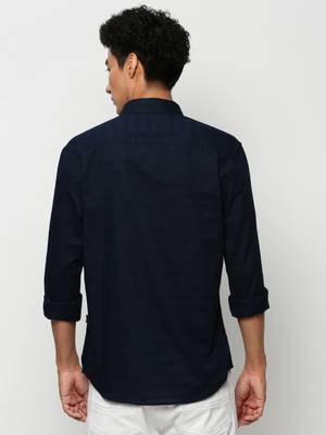 men's long sleeves horizontal stripes navy blue shirt 4