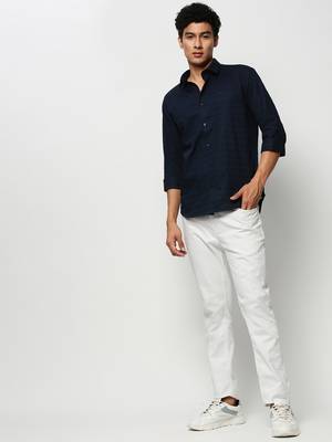men's long sleeves horizontal stripes navy blue shirt 5