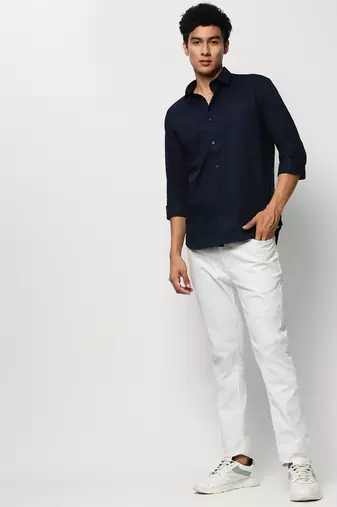 men's long sleeves horizontal stripes navy blue shirt