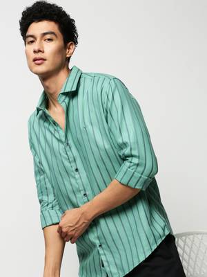 men's long sleeves vertical stripes sea green shirt 1