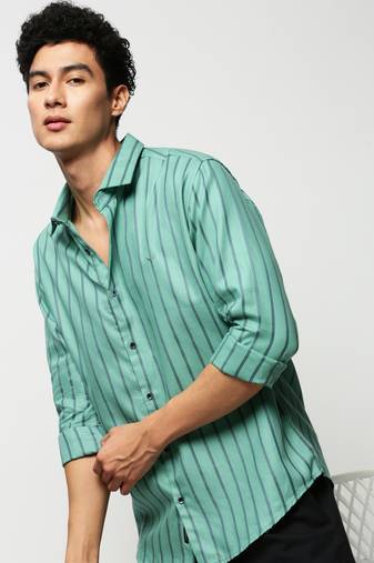 men's long sleeves vertical stripes sea green shirt