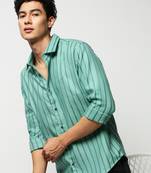 men's long sleeves vertical stripes sea green shirt
