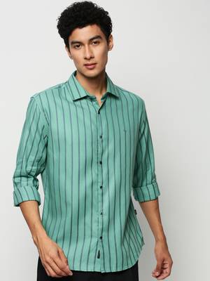 men's long sleeves vertical stripes sea green shirt 2
