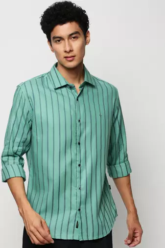 men's long sleeves vertical stripes sea green shirt