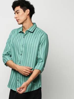men's long sleeves vertical stripes sea green shirt 3