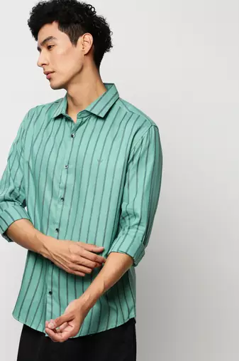 men's long sleeves vertical stripes sea green shirt