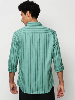 men's long sleeves vertical stripes sea green shirt 4