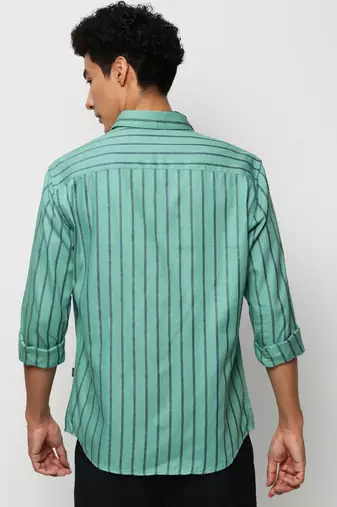 men's long sleeves vertical stripes sea green shirt